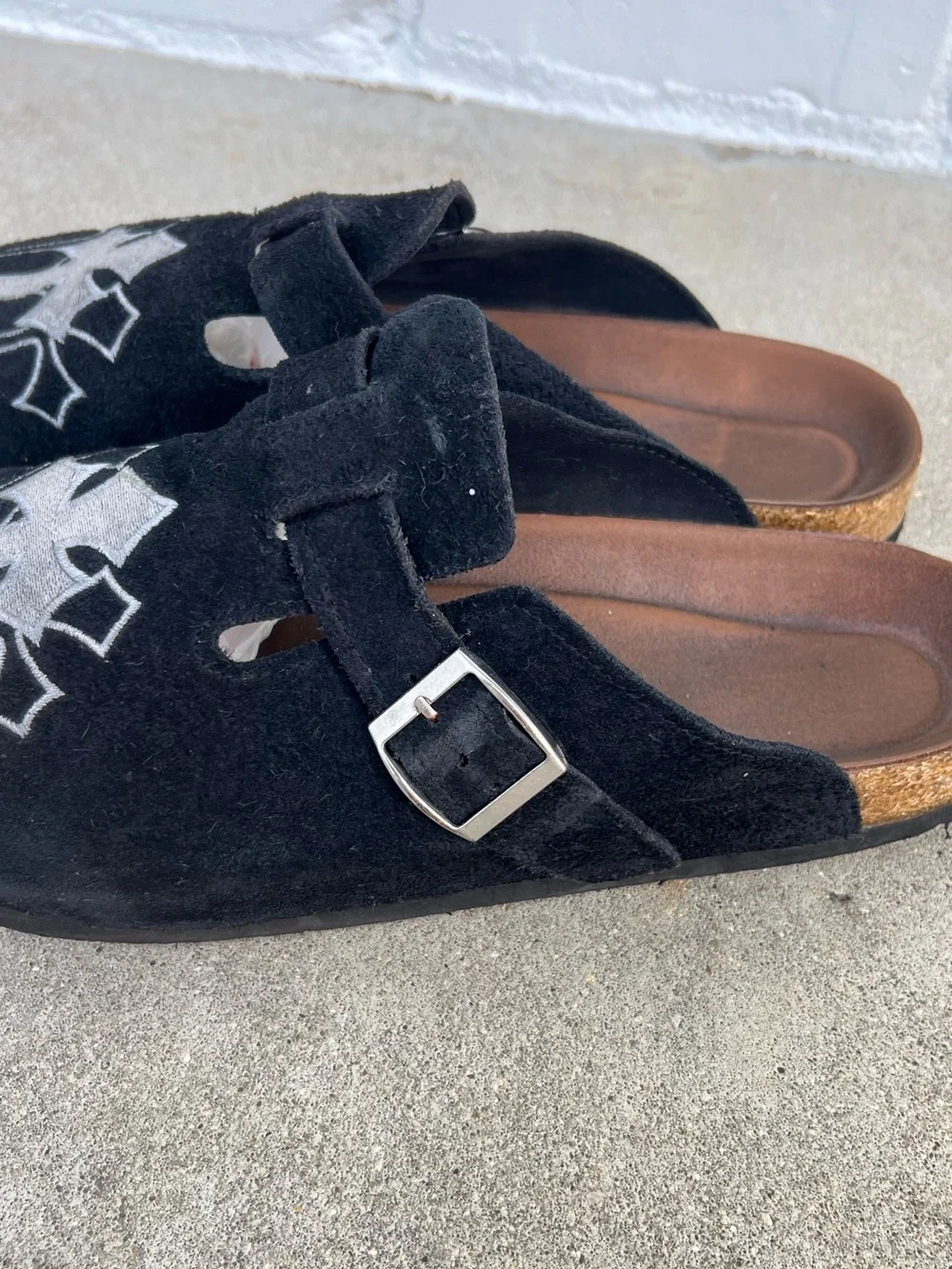 44 Chrome Triple Cross Black Leather Clogs